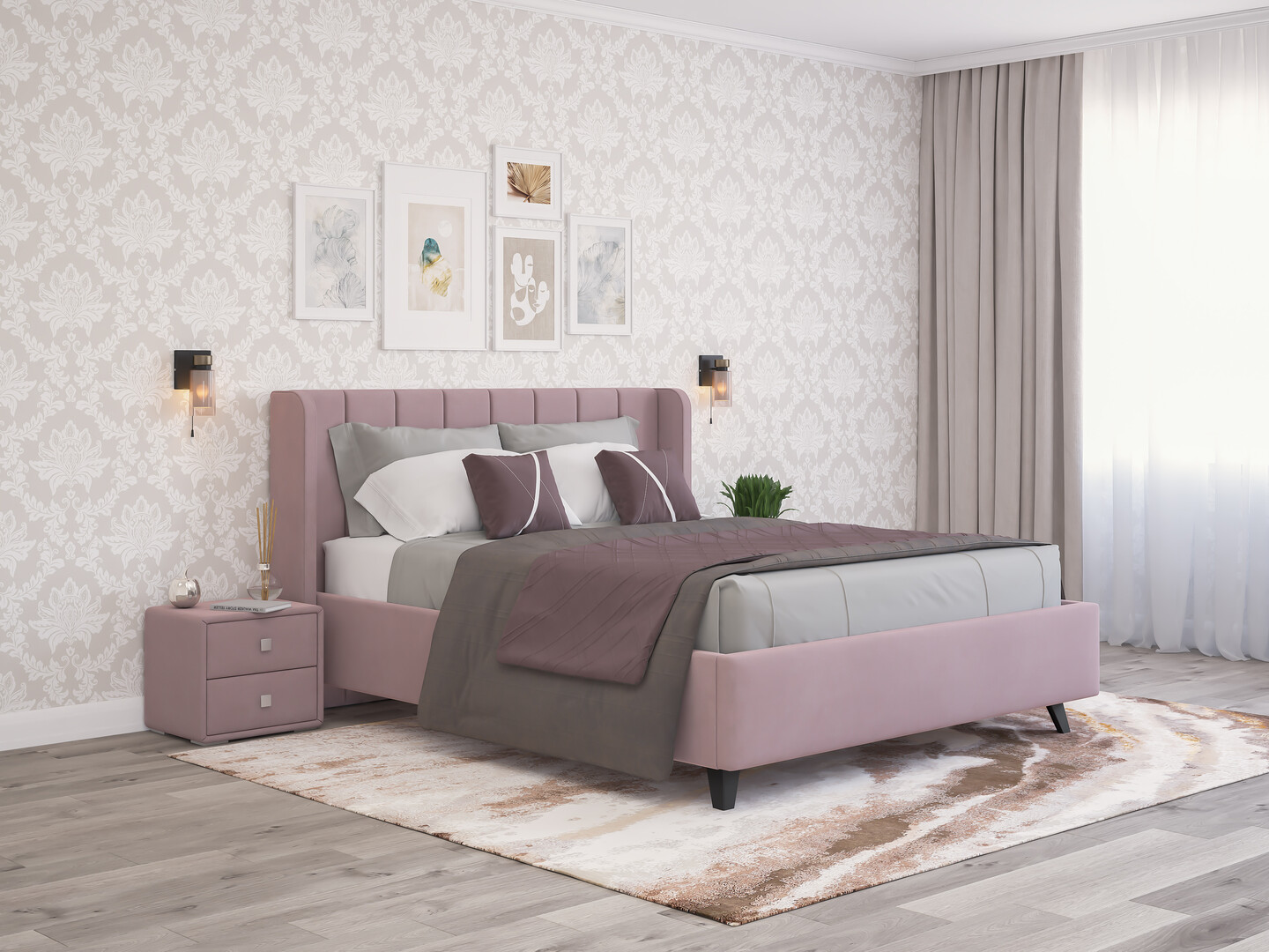 Кровать Виола 140х200 (микровелюр розовый)
